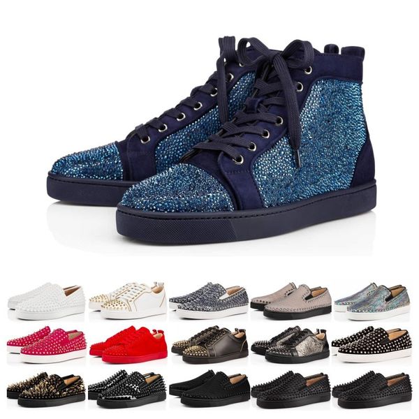

2019 r red bottoms shoes studded spikes flat sneakers men women glitter party lovers genuine leather casual rivet sneaker, Black