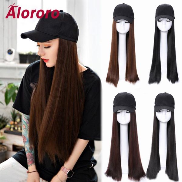 

alororo black synthetic long wigs baseball hat wig naturally connect adjustable straight long false hair cap for party