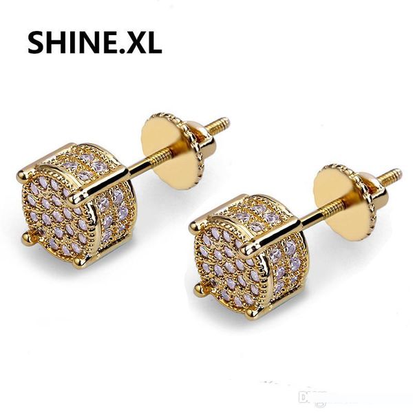 

new design gold color plated iced out cubic zircon round stud earring screw back hip hop jewelry for male women, Golden;silver