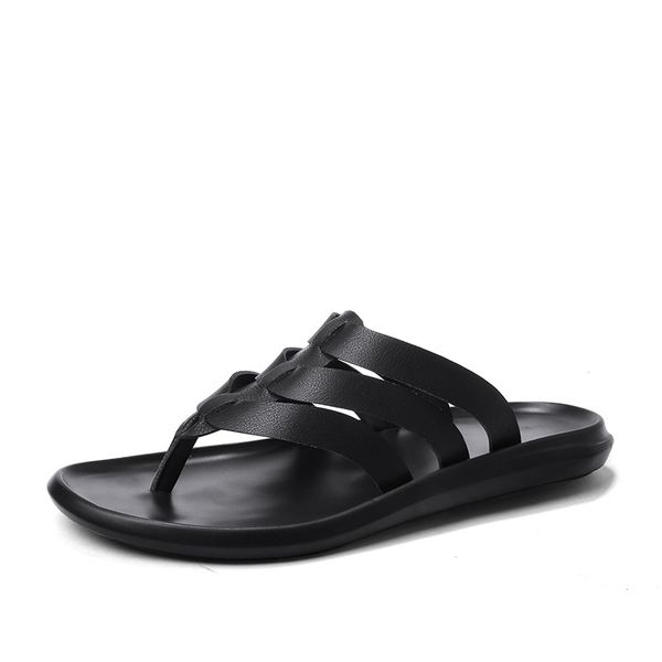 

summer men slippers men anti-slip flip flops cowhide casual slippers fashion shoes beach black white