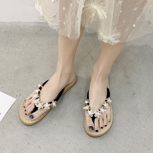 

cinessd flock flip flops women sandals women 2020 outdoor metal flower slippers woman summer home slippers female shoes woman 40, Black
