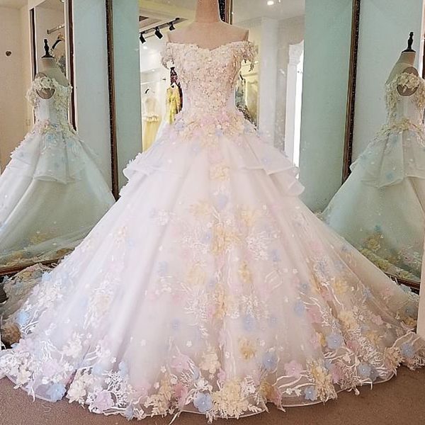 

multiple color flowers bridal gown for garden wedding party off the shoulder v-neck short sleeves ball gown lace wedding dress with train, White