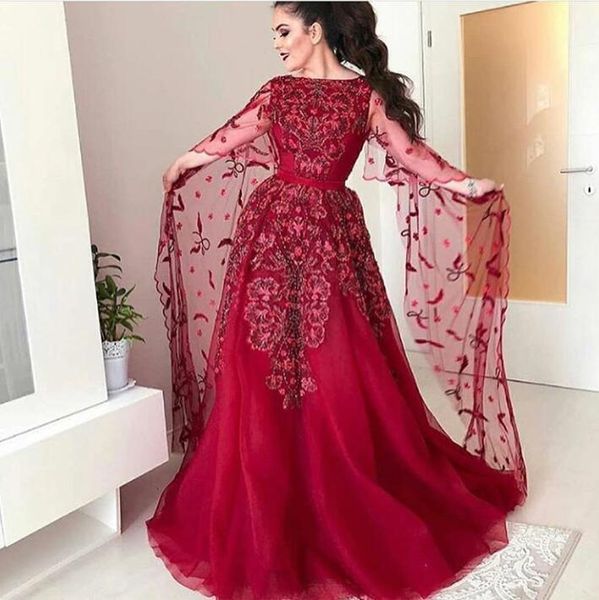 Abendkleid Ziad nackt Yousef aljasmi Rote Spitze Bodenlang Mit Umhang Langarm Kleid mit Stickerei Kim Kardashian Zaj