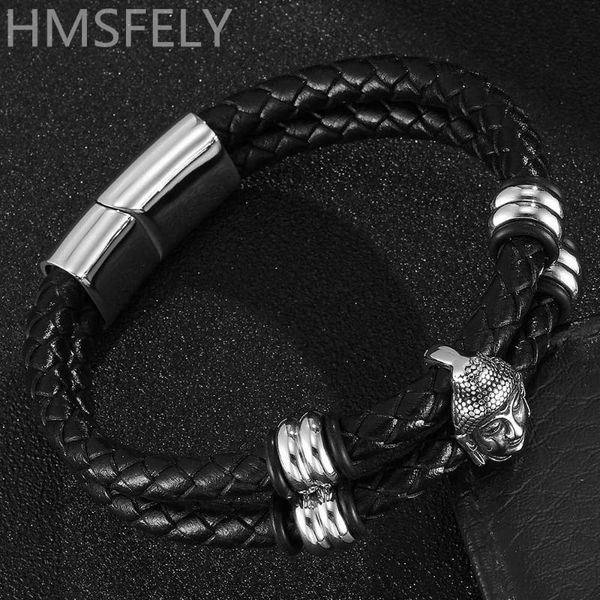 

hmsfely fashion genuine leather buddha bracelet 316l stainless steel buddhist cuff bracelets bangles for men magnetic bracelet, White