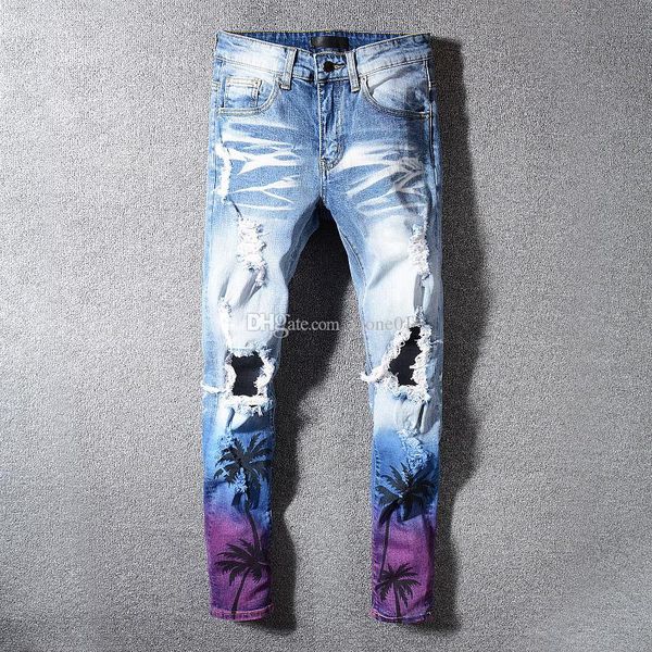 

fashion jeans mens coconut tree print ripped pants mens distressed zipper slim jeans brand designer mens jeans blue size 29-40