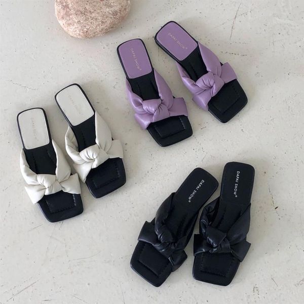 

slippers casual butterfly-knot square toe summer women's shoes rubber flip flops slides pantofle hawaiian flat 2020, Black