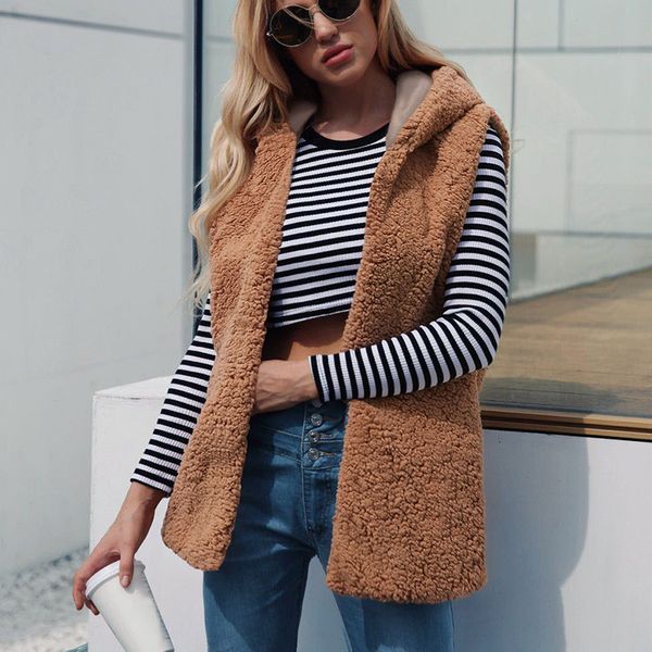 

elegant faux fur waistcoat for women winter warm hoodie outwear casual coat faux fur sherpa jacket casual sleeveless vest coat, Black;white
