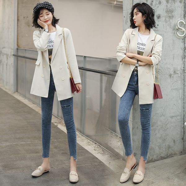 

wild suit suit collar double-breasted regular long-sleeved 25-29 years old polyester solid color apricot slim, White;black