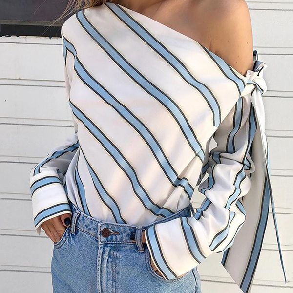 

2019 fashion women one shoulder blouse striped long sleeve pullover bow shirts casual elegant office ladies chiffon blouse, White