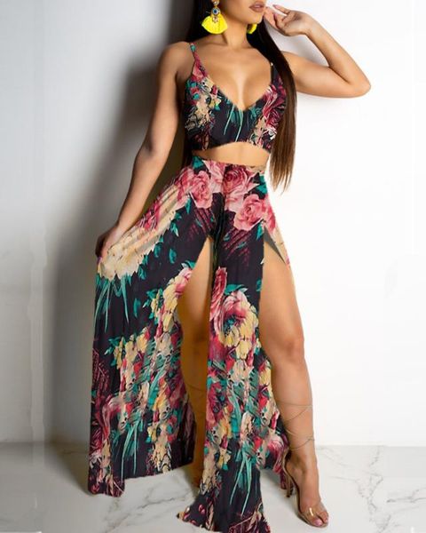 

2020 женщины моды элегантный v шеи печати crop top тропическая печати cami top бедро щелевой юбки комплекты sexy рукавов наборы для отдыха, White