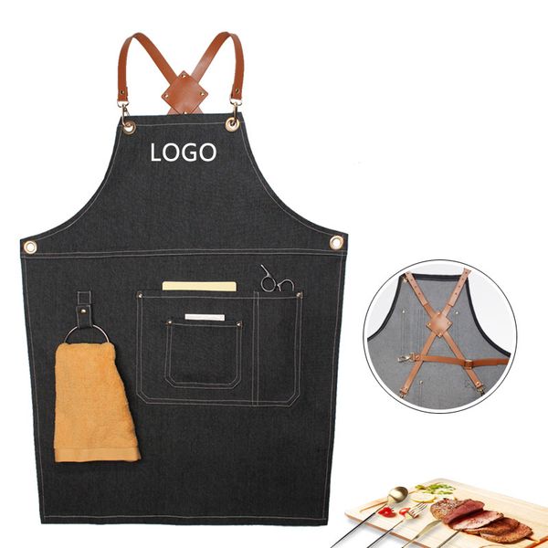 

denim apron adjustable leather hanging neck kitchen cooking apron cafe bakery shop barber shop bar waiter work pinafore