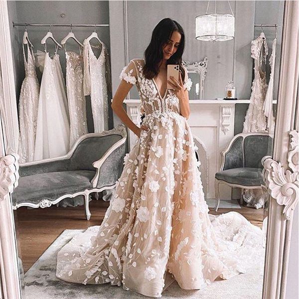 

bohemian a line beach wedding dresses 2020 deep v neck short sleeve embroidery appliques 3d flower bridal dress tulle country robes de mariÃ©, White