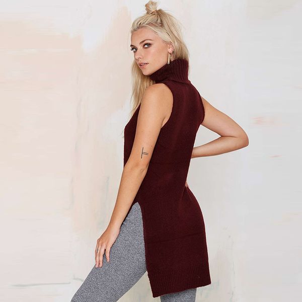 

hdy haoduoyi autumn new simple loose popular solid basic short long side open women's sweater high collar sleeveless sweater, White;black