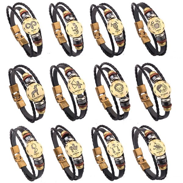 

fashion new hand-woven alloy twelve constellation bracelet beaded leather bracelet jewelry sale, Golden;silver