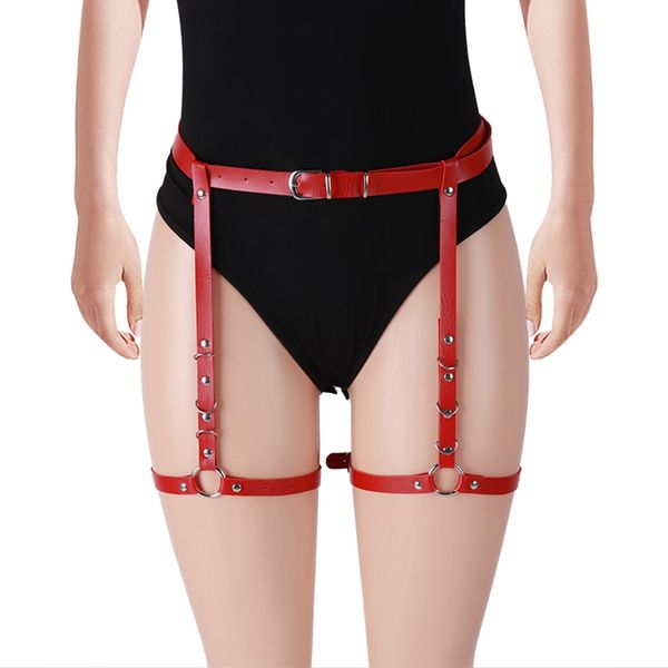 

women red leather garter belt cage waist suspender bow leg belt fetish punk goth adjust body bondage harness lingerie, Black;white