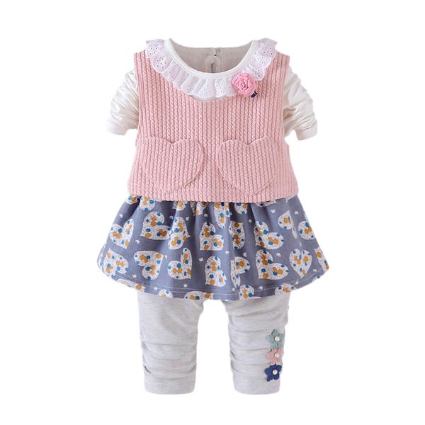 

kids baby girls clothes cute heart-shaped print dress + vest + pants leggings 3pcs outfits sets, White