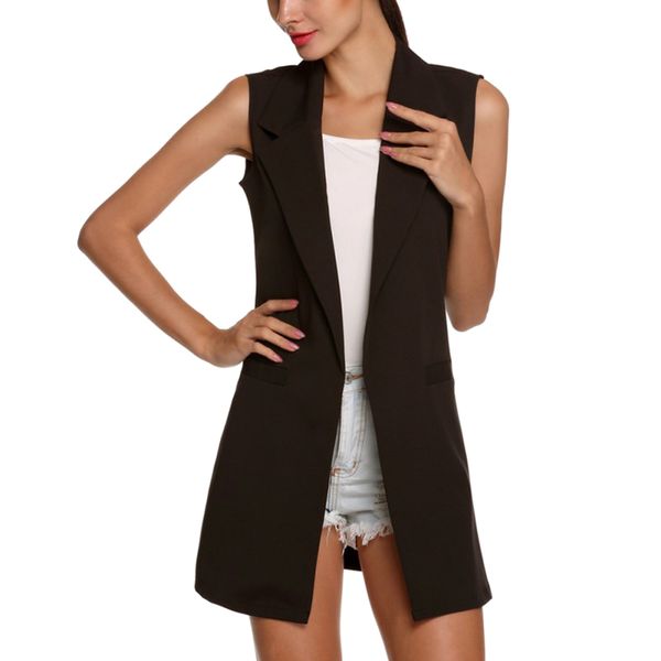 

women outwear vests style sleeveless lapel coat simple casual wild solid color long jacket cardigan with pocket, Black;white