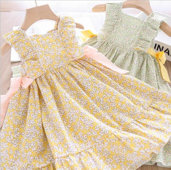 

2020 summer children baby cotton printed bow dresses , girls princess sweet clothes 5 pcs/lot, wholesale, Red;yellow