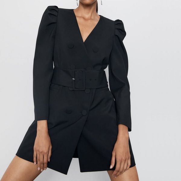 

2020 new autumn winter women fashion long puff sleeve mini blazer dresses office ladies v-neck elegant sashes dress with belt, White;black