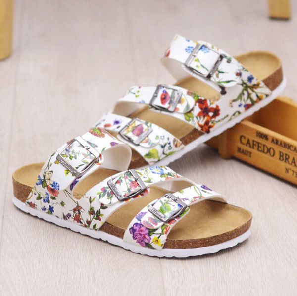 

women cork sandals three belt flip flops fashion buckle cork beach sandals flower printing summer shoes woman, Black