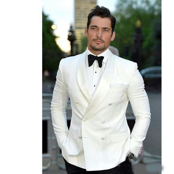 

latest ivory mens suits groom tuxedos groomsmen wedding party dinner set double breasted man suits (jacket+pants, Black;gray