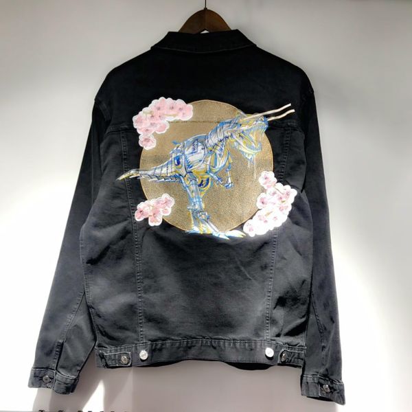 

19 fw paris jeans jacket autumn winter latest back machine dinosaur embroidery sakura luxury jacket high quality, Black;brown