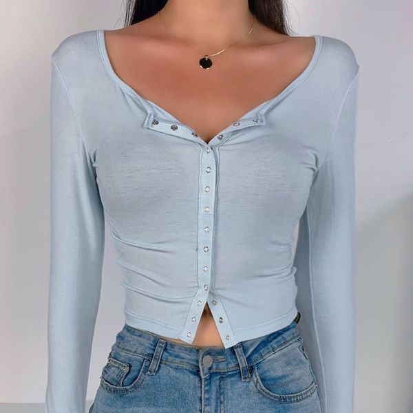 

women's t-shirt 2021 europe and the united states fashion temperament all-round solid color square collar button short for women, White