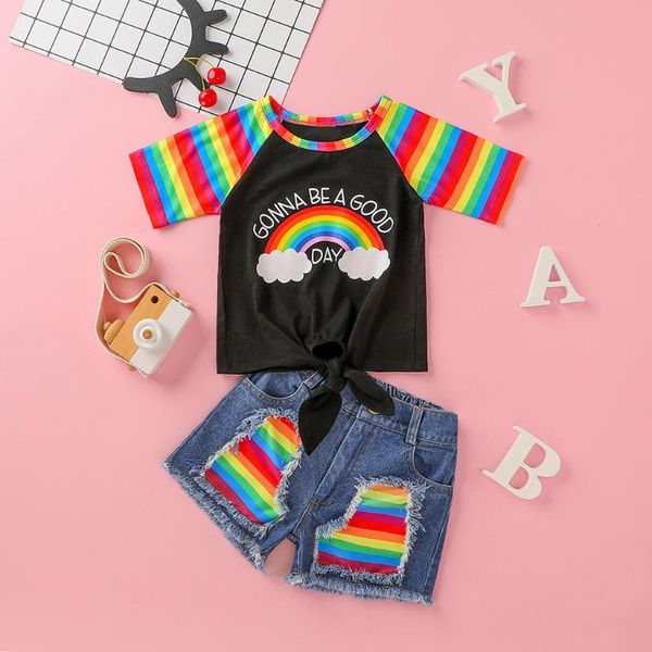 

toddler kids clothes baby girls stripe rainbow tie-dyed casual loose +denim shorts outfits set clothes roupa infantil menina, White