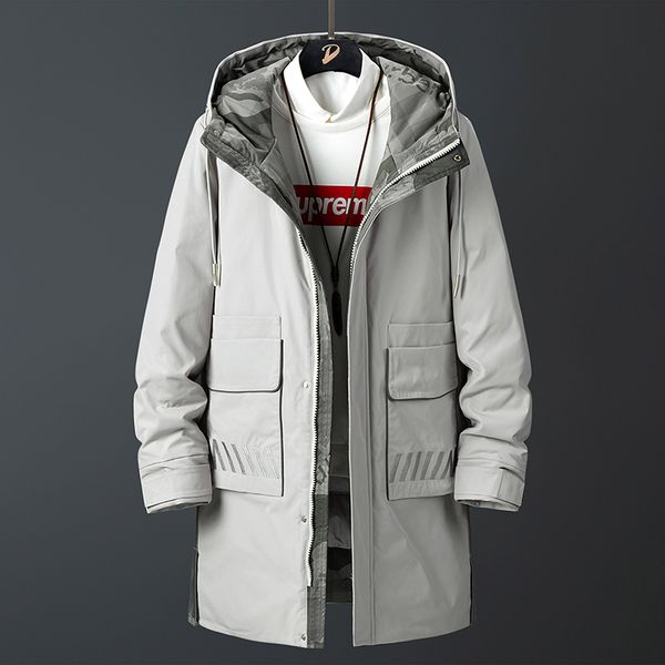 

duck down jacket men winter long warm zipper and hat hooded striped pocket white down jacket mens clothing 8866-12, Black