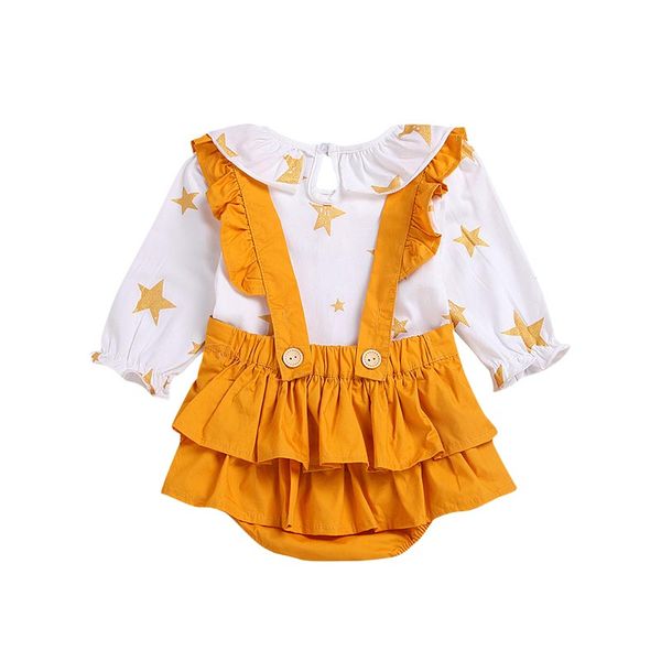 

fashion baby girls lace collar long sleeve pentagram pleated strap dress two pieces sets new arrival, White