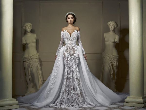 

vintage off shoulder lace appliqued wedding dresses with detachable train luxury sheer back plus size saudi arabic dubai bridal gown, White