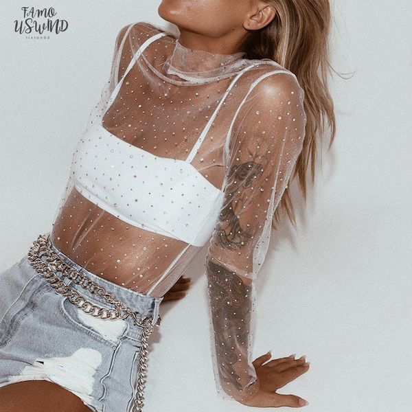 

transparent mesh t shirt women see through sheer mesh sequined printed long sleeve slim t shirt tee black square, White
