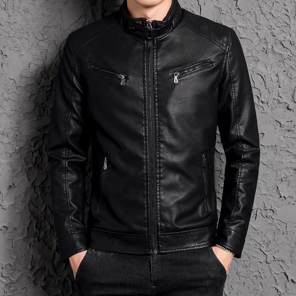 

2019 new men leather and velvet collar pu leather jacket of cultivate one's morality, Black