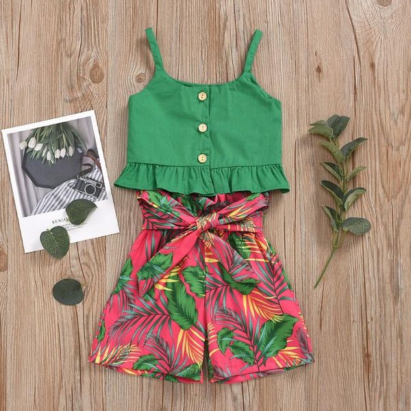 

baby kids baby girl summer clothes 2020 sleeveless button strap tank tropical floral print shorts outfit girls clothes set, White