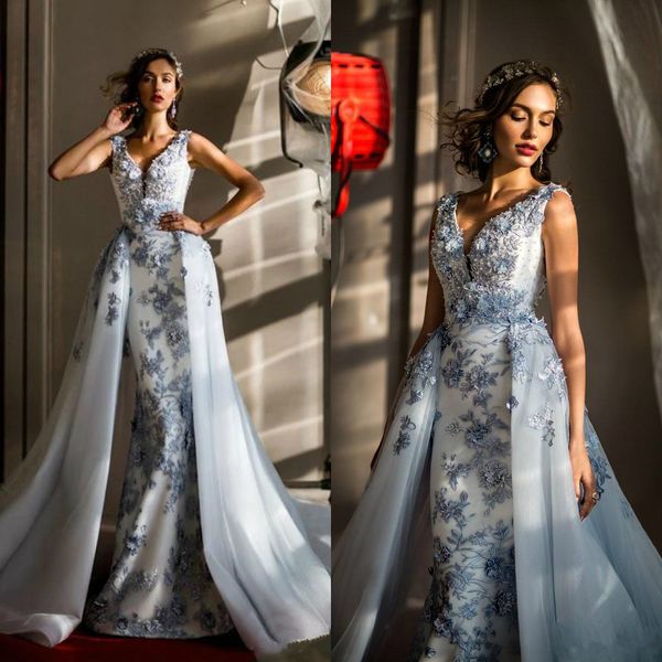 

tony chaaya 2019 mermaid evening dresses with detachable train gorgeous lace appliqued prom gowns v neck plus size formal dress, Black;red