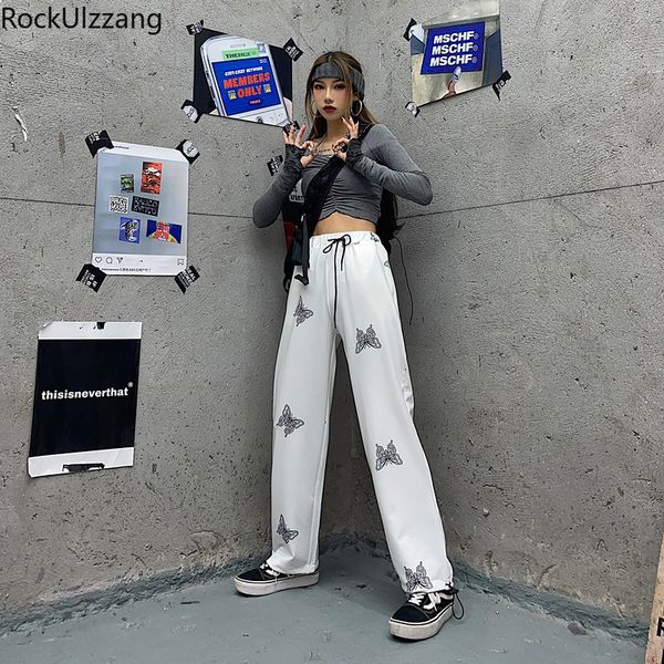 

streetwear summer hip hop women butterfly print slim jogger pant harajuku tracksuit string high waist harem trouser korean, Black;white