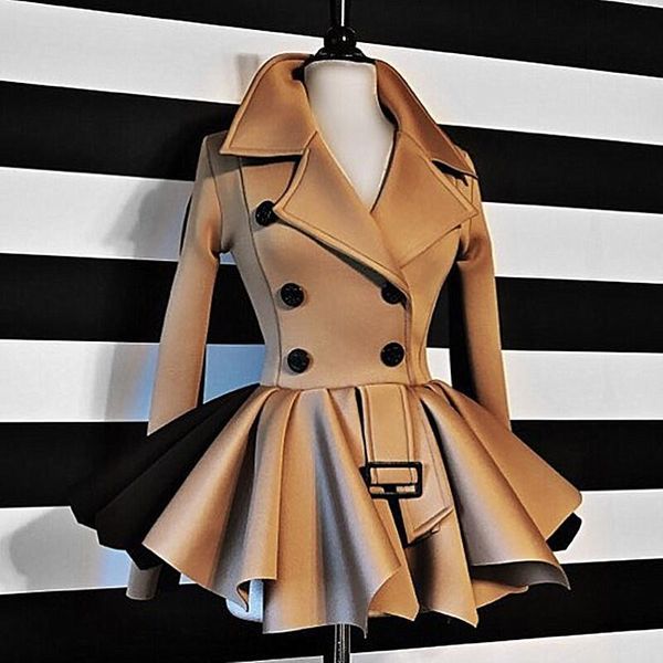 

women autumn winter turn down collar woolen jacket pleated coat double-breasted bomber long sleeve jumpers crop 2020, Black