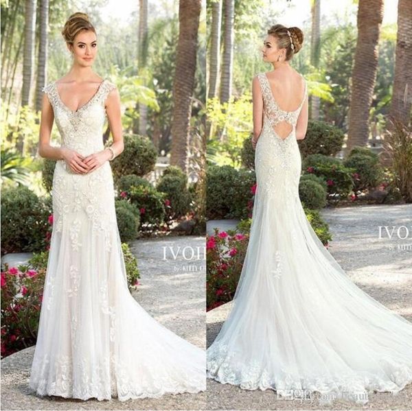 

kitty chen 2019 lace wedding dresses v neck crystals beaded appliques bridal gowns backless garden beach mermaid wedding dress, White