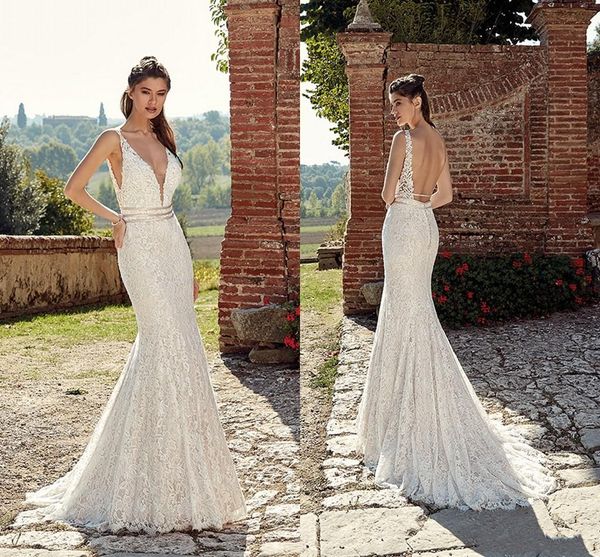 

Elegant 2019 new full lace mermaid wedding dre e paghetti trap v neck pearl weep train wedding dre bridal gown ve tido de novia