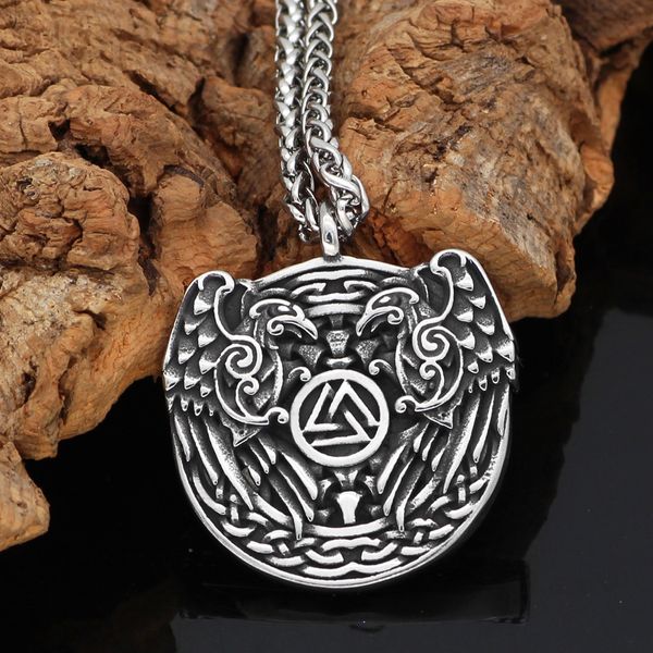 

nordic viking odin raven huginn and muninn valknut stainless steel nordic pendant necklace with gift bag, Silver