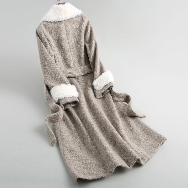 

fashion wool tweed coat women long natural lamb fur trim thick winter female jacket with blet woolen coats 18045 wyq1817, Black