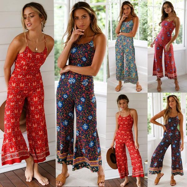 

women's jumpsuits & rompers 2021 bohemain sumer beach women sleeveless bandage backless elegant strap flare bottoms playsuits, Black;white