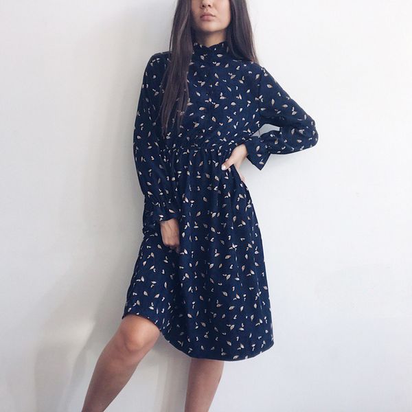 

winter corduroy floral print women elastic waist autumn winter dress stand collar beach dress vestidos party female high quality, Black;gray