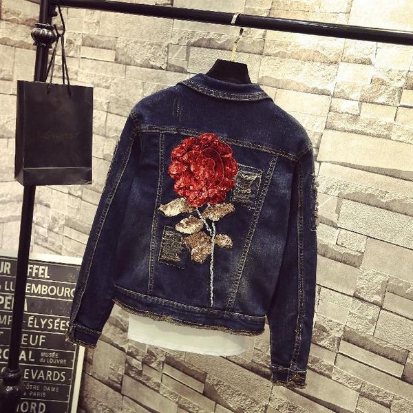 

spring summer women's fashion denim jacket coat female students bead hole red rose cowboy slim long sleeved jackets outwear, Black;brown