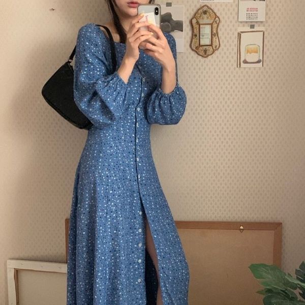 

bella philosophy spring women botton printed dress lady long sleeve france holiday dresses female floral square collar vestidos, Black;gray