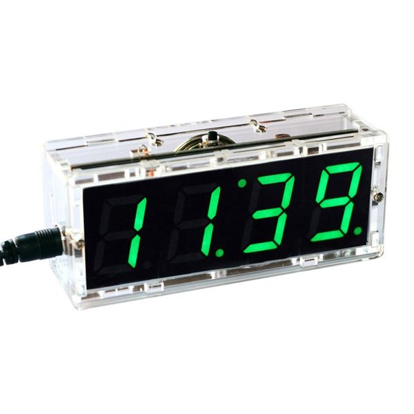 

compact digital 4-digit led talking clock diy kit light control temperature date time transparent showcase (green