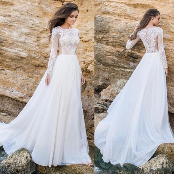 

2018 New Elegant Country Wedding Dresses Long Sleeves Lace A Line Summer Beach Chiffon Applique Bridal Gowns Wedding Dress With Buttons