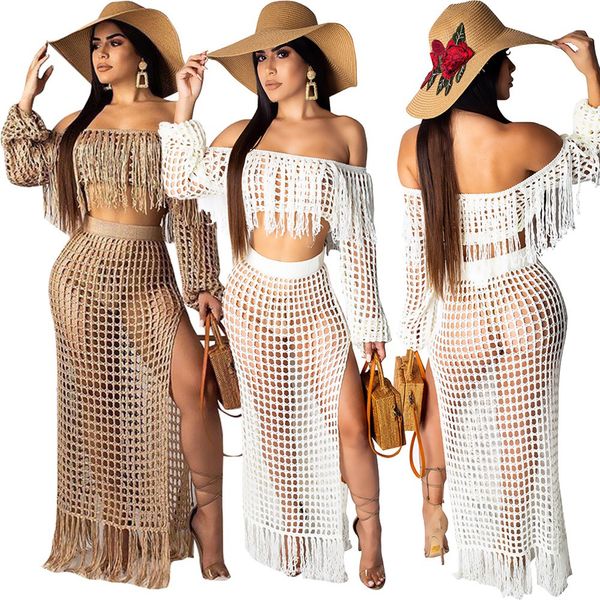 

dresses two piece set women slash neck long sleeve crop high side split long skirts hollow out see through suit, Black;gray