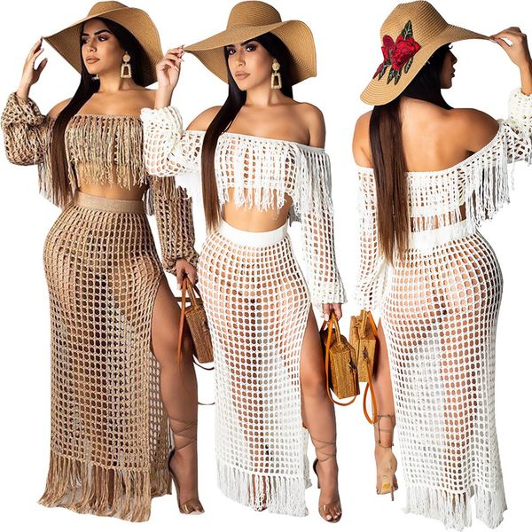 Sexy Vestidos Two Piece Set Mulheres Corte Long Neck Sleeve Top Curto High Side Dividir saias longas oco Out ver através Suit