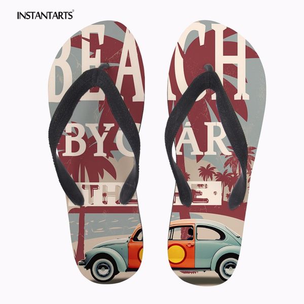 

instantarts youth girl non-slip summer flat shoes racing car pattern rubber soft home outside flip flops women casual slippers, Black